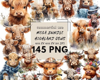 145 Highland cow clipart Mega Bundle Baby family Highlandcow SVG Bathtub PNG buffalo Watercolor Cute Scottish Baby Family cow Commercial