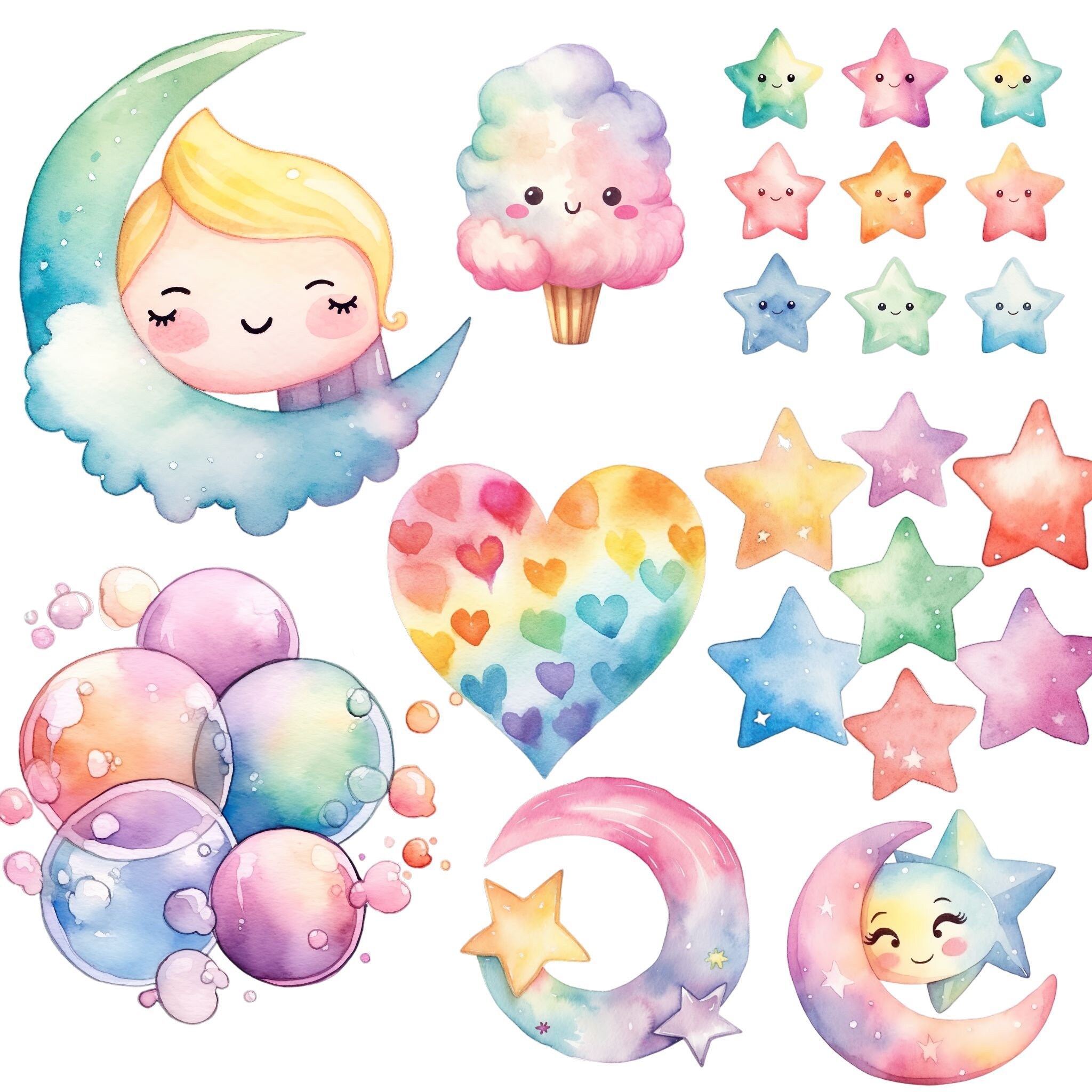 Watercolor Pastel Rainbow Colored Cute Clipart Moon Cloud Stars Hearts ...