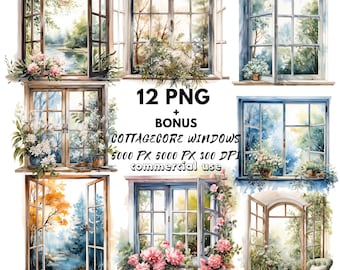 Bloemenvenster PNG-clipart, aquarelafbeeldingen (digitale download)