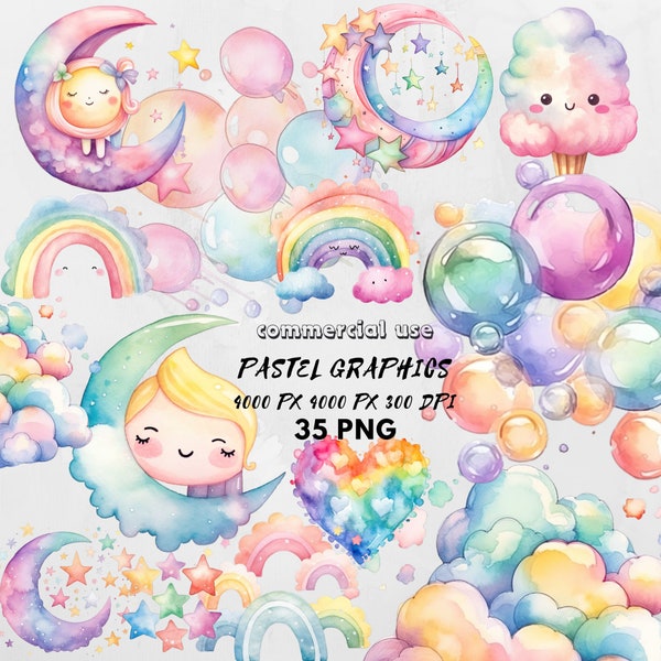 Watercolor Pastel Rainbow colored cute clipart Moon Cloud Stars Hearts Bubbles  Nursery party invitation PNG bundle Scrapbooking DIY Card