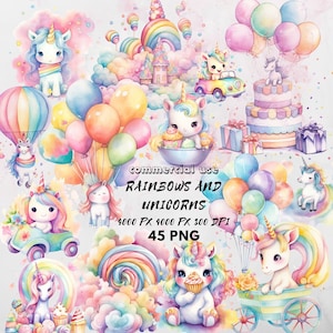 Aquarel magische eenhoorn 45 clipart bundel schattige kawaii eenhoorn clip art uitnodiging kinderfeestje eenhoorn regenboog ster PNG plakboekkaart