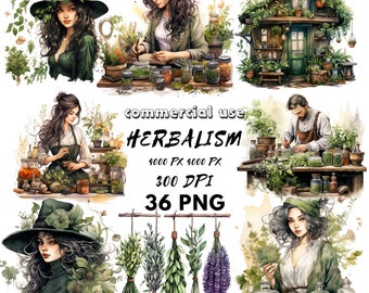 Watercolor Herbalism clipart Herbalist Drying herbs Green hut Green home Green witch  Plant cure Natural remedy Herbs Wild plants Potions