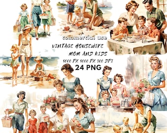 Vintage Mother clipart for personalized gift DiY card Retro housewife  bundle Vintage Woman  and kids PNG Watercolor Mom and children