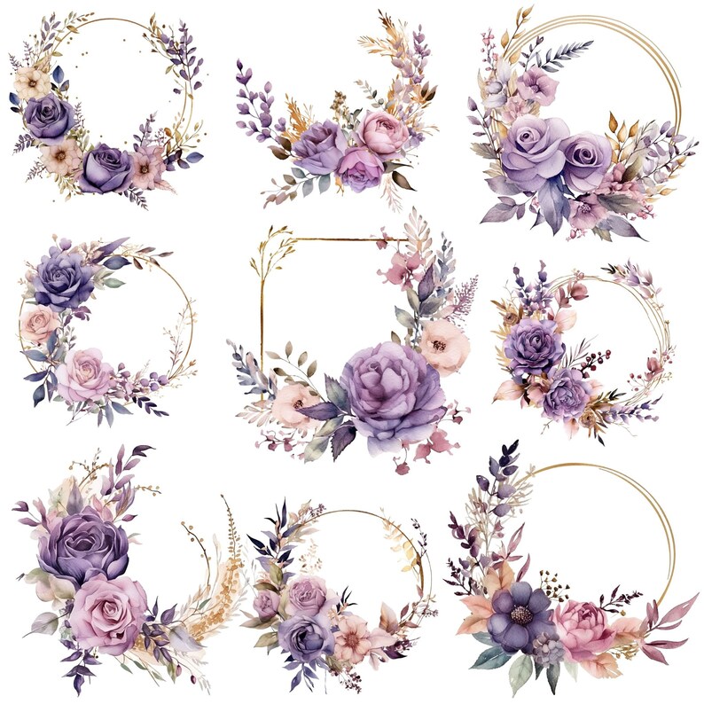 Watercolor Purple Flower Clipart - Floral Wreath Bouquet Design ...