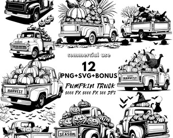 Vintage Truck with Pumpkins SVG: Fall Harvest Clipart (PNG + SVG)