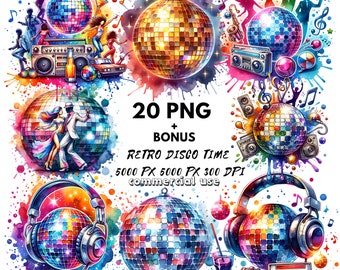 水彩ディスコボールのクリップアート：レトロなパーティーPNGグラフィックス（デジタルダウンロード）