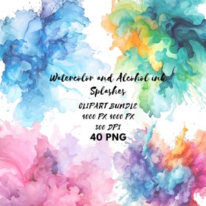 Puede incluir: Un paquete digital de clipart de 40 salpicaduras de acuarela y tinta de alcohol en varios colores, incluidos azul, verde, amarillo, rosa y morado. Las imágenes son de 4000 píxeles por 4000 píxeles y 300 DPI.