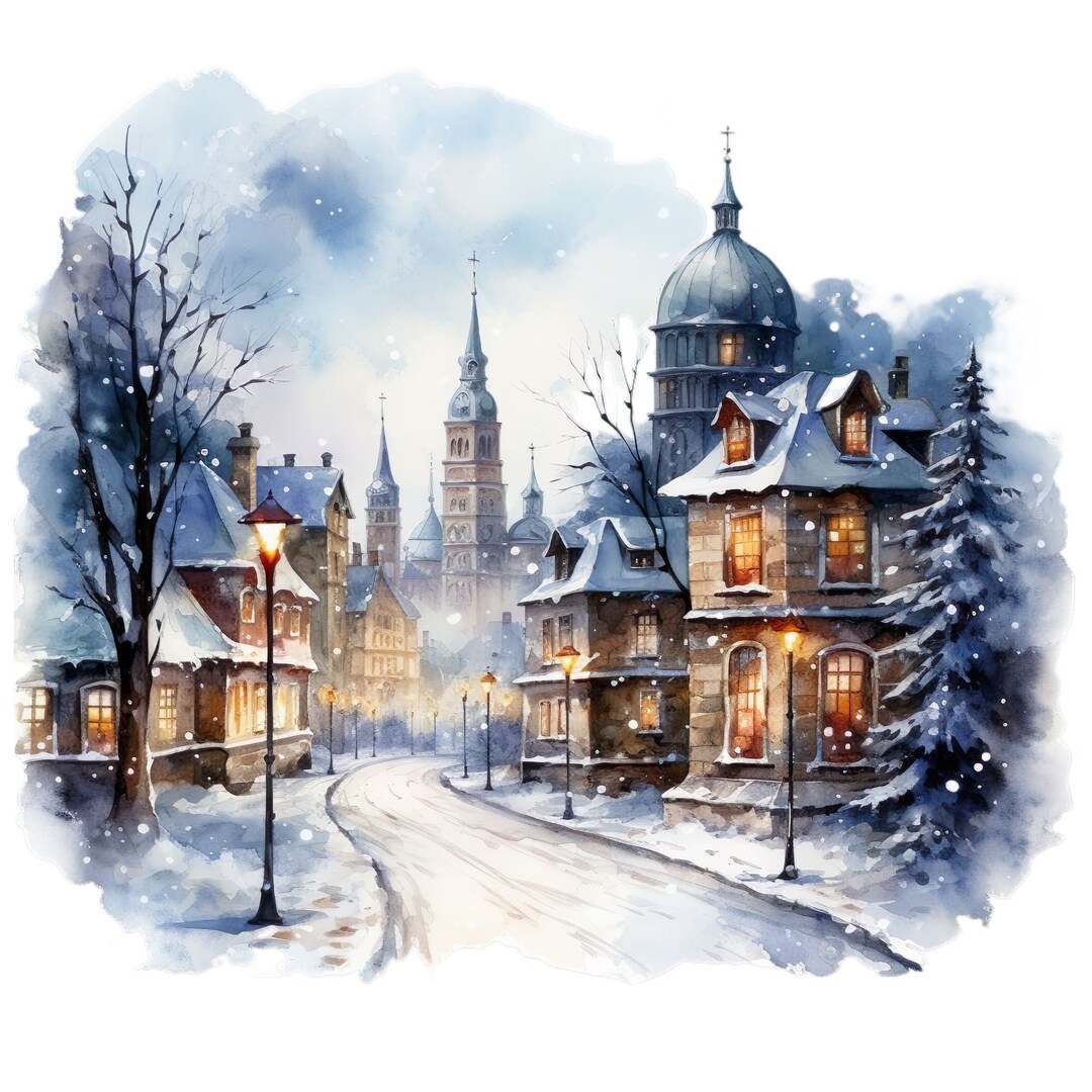 Watercolor 12 Winter Scene City Holiday Winter Festive Living Clipart 