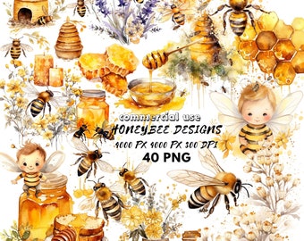 Honey bee clipart Watercolor Floral bee PNG bundle Beehive Honeycomb Wax candle Honey jar Baby bee graphic Honeybee flowers for beekeeping