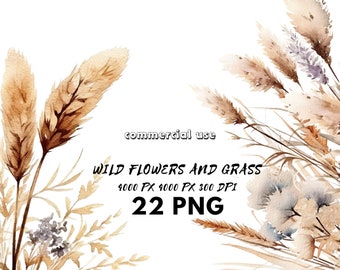 Watercolor Pampas Grass Clipart: Boho Floral PNG Bundle (Digital Download)