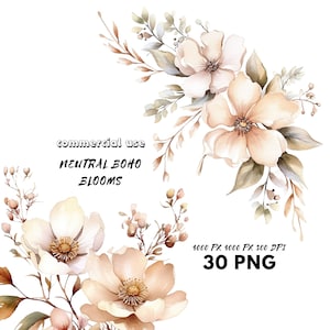 Arte Floral Neutra boho Aquarela PNG Floração Boho Flores suaves e neutras Sandy Quente Floral Clipart pacote Buquês pré-fabricados Convite de casamento