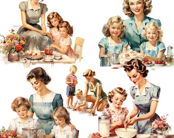 Retro housewife clipart bundle Vintage Woman Mother and kids  PNG Watercolor Mom and kids Old pin-up images Mothers Day clipart for DIY Card