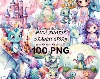 Akvarell babydrake Clipart | 100 PNG-bilder (digital nedladdning)