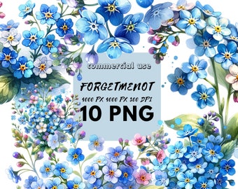 May include: A watercolor illustration of forget-me-not flowers in shades of blue and purple. The flowers are arranged in a cluster and have a delicate, romantic feel. The image is perfect for use in digital scrapbooking, card making, and other creative projects.