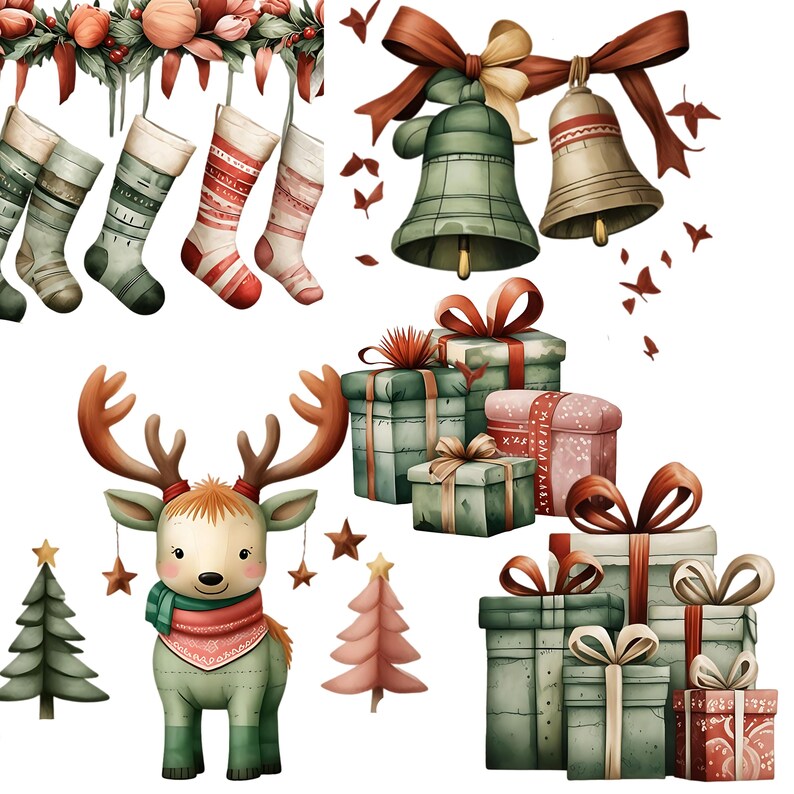 Watercolor Reindeer Clipart Bundle: Christmas PNG Graphics (digital ...