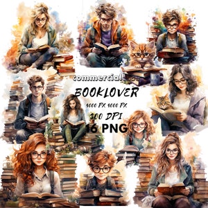 Boekenliefhebber clipart gezellig lezen aquarel png boekenwurm boeken en leeshoekjes bibliotheek meisje jongen png kaart maken scrapbooking ongewenste dagboek