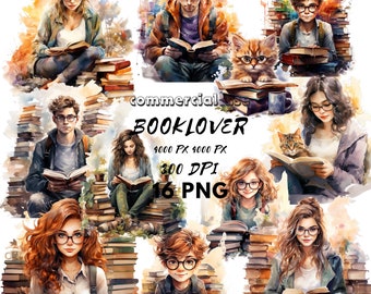 Booklover clipart Cozy reading Watercolor PNG Bookworm Books and Reading nooks Library Girl Boy PNG Card Making Scrapbooking Junk Journal