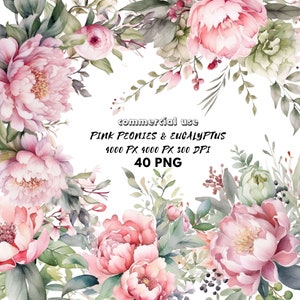 Blush rosa Blumen Pfingstrosen Eukalyptus Clipart Bundle Pink Peony Aquarell Blume Border PNG Blumenstrauß Grün Hochzeit Grün Laub