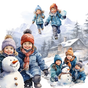 Enfants et animaux de la forêt aquarelle dans une scène d'hiver enfants jouant illustration de carte de Noël Commercial Clipart Digital