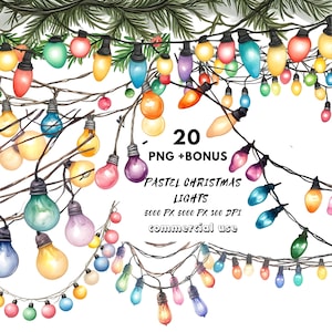 Paquete de imágenes prediseñadas de guirnaldas de luces navideñas: diseños en acuarela, descarga instantánea, decoraciones festivas