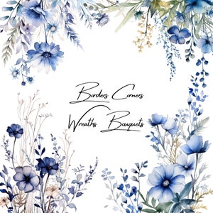 Aquarela Azul Flores Silvestres PNG Plantas silvestres floridas Pacote de clipart floral índigo Buquês de flores silvestres Cantos e molduras Convite de casamento DIY