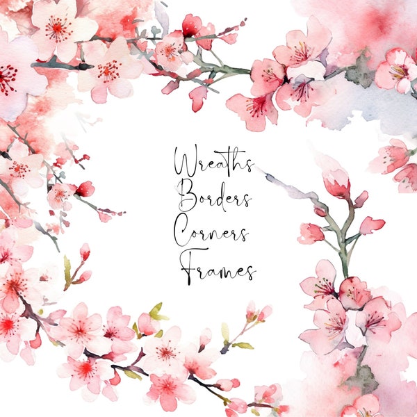 Cherryblossom Watercolor clipart Sakura Cherry flower png Pink blossom bundle  Wreath Spring Floral Border cherry branch for Wedding invite