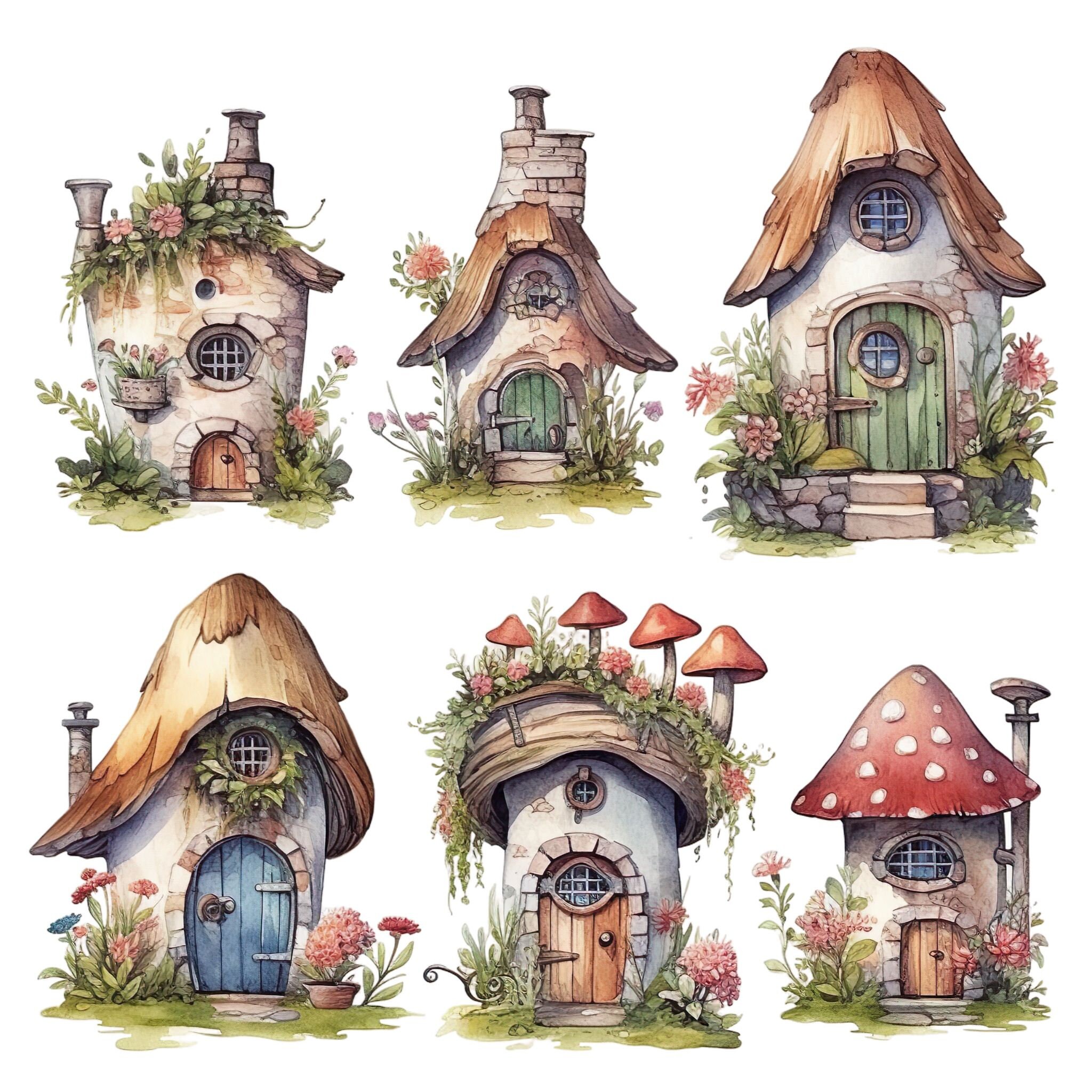 Fairy House Clipart Mushroom Garden Houses Watercolor Graphics PNG ...