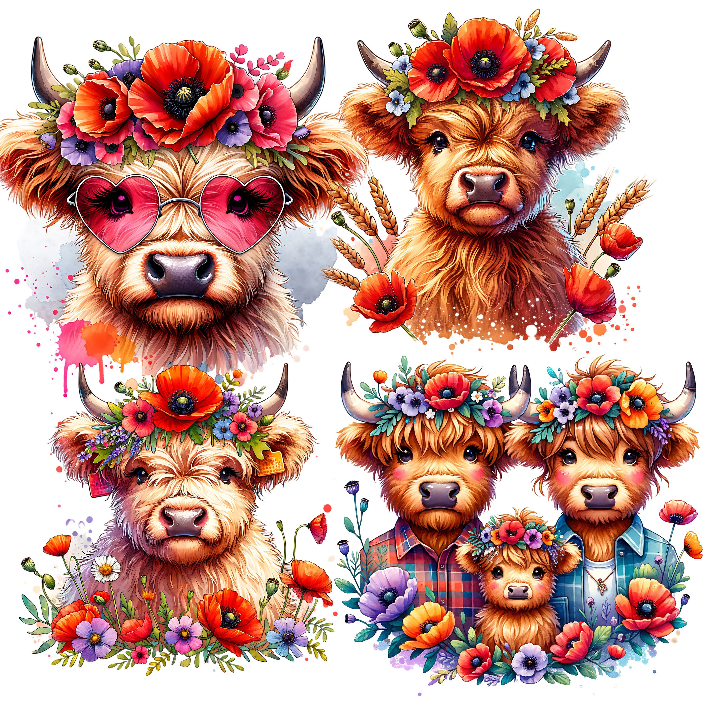 Highland Cow Poppy PNG Clipart Bundle | Nursery Art (digital Download ...