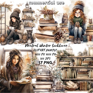 Images clipart de bibliothécaires en hiver confortable, aquarelle PNG Vie de rat de bibliothèque Livres et coins lecture Chambre confortable Tons neutres Fille lisant un chat PNG