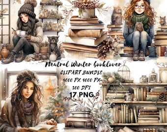 Booklover clipart in Cozy Winter Watercolor PNG Bookworm life Books and Reading nooks Cozy room Neutral tones Girl reading cat PNG
