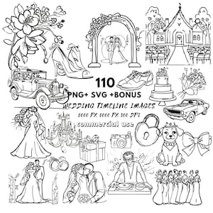 Clipart de línea de tiempo, iconos de boda, descarga digital, ilustraciones minimalistas de arte lineal para eventos e invitaciones