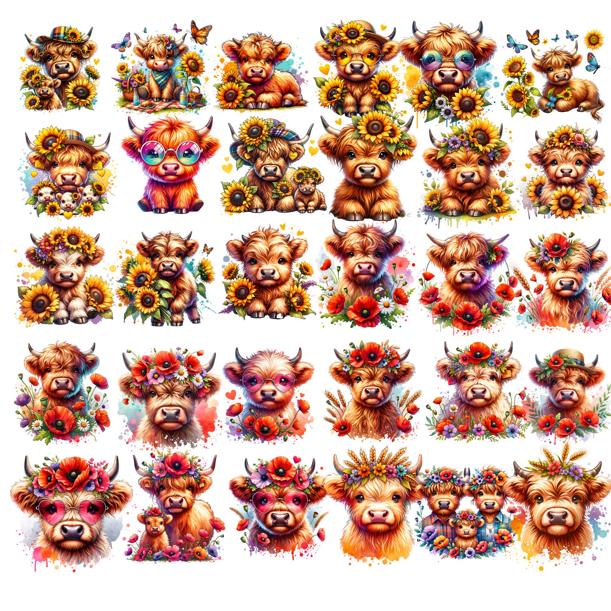 Highland Cow Watercolor Clipart Bundle, Rustic Farmhouse PNG Elements ...
