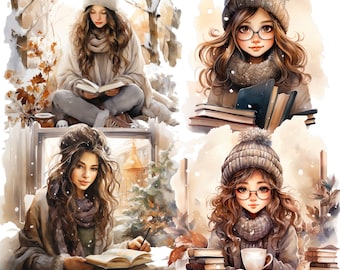Booklover clipart bundle 17 Watercolor PNG Winter cozy Bookworm life Books and Reading nooks Cozy room Neutral tones Girl reading cat PNG