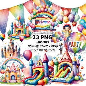 Bounce House Party Clipart - Watercolor Design - Kids Party - Birthday Celebration - Digital Download