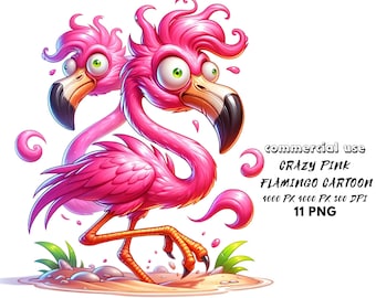 Crazy Pink Flamingo Cartoon PNG Tropischer Flamingo rosa Vogel Clipart Junk Journal Clipart verrückte Urlaubsparty Sublimation digitaler Download