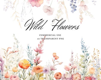 Watercolor Wildflowers Clipart, Blush Floral Borders (Digital Download PNG)