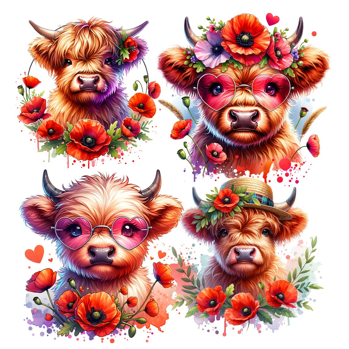 Highland Cow Poppy PNG Clipart Bundle | Nursery Art (digital Download ...