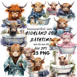 May include: A digital illustration of 25 Highland cows taking a bath. The cows are in various poses, some are in tubs, some are in showers, and some are just relaxing in the water. The cows are all wearing cute expressions and have a variety of colors, including brown, white, and black. The illustration is set against a white background.