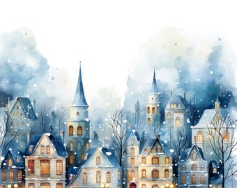 Watercolor 12 winter scene city holiday winter festive living clipart nature city life Digital Scrapbooking Digital paper Winter in Europe