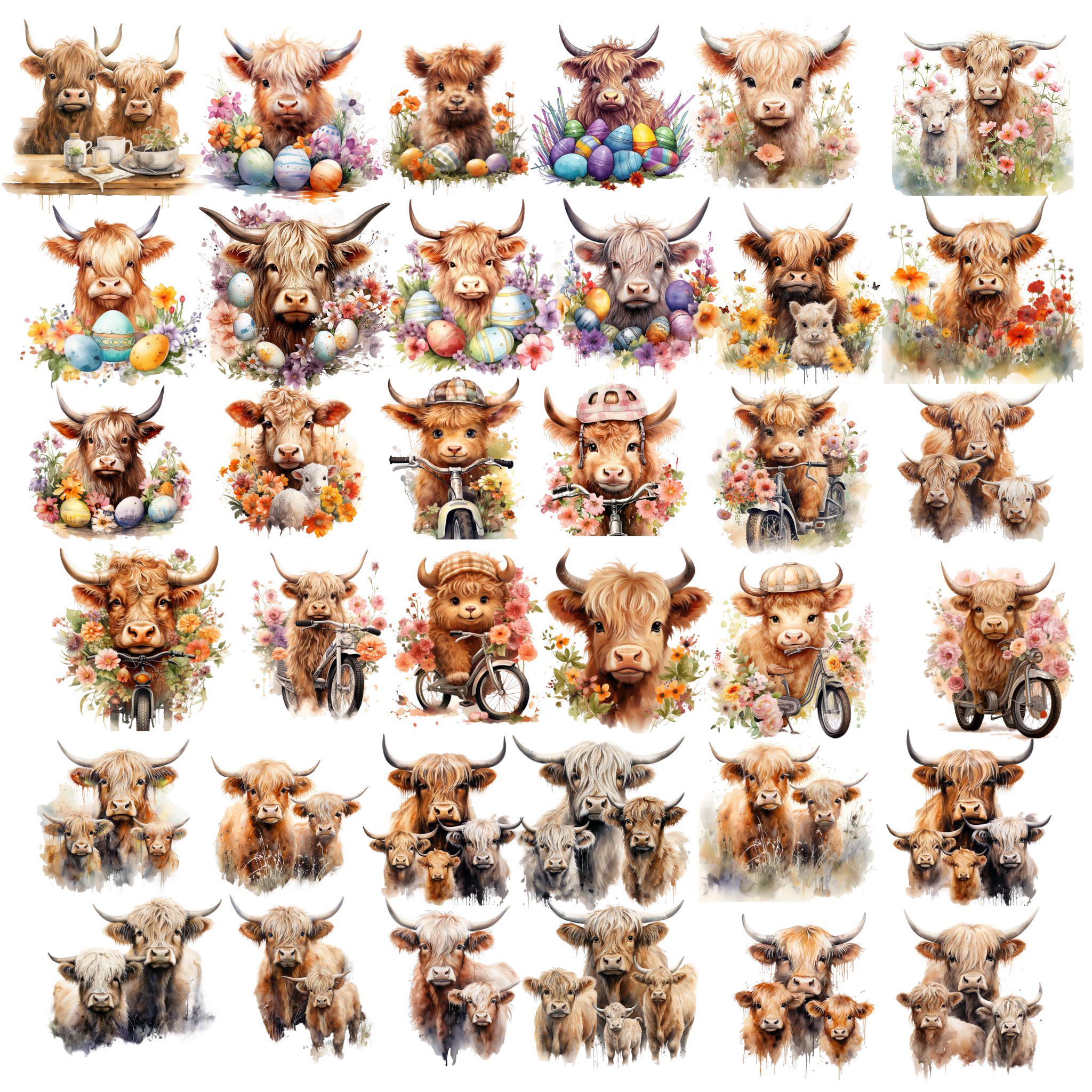 Highland Cow Watercolor Clipart Bundle, Rustic Farmhouse PNG Elements ...