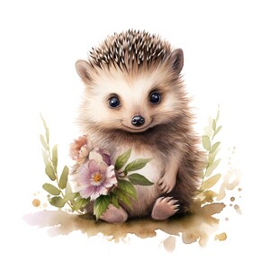 Peut inclure: Une peinture à l'aquarelle d'un mignon hérisson au pelage brun et aux piquants, tenant un bouquet de fleurs roses. Le hérisson est assis sur une surface brune avec des feuilles vertes et des éclaboussures d'aquarelle.