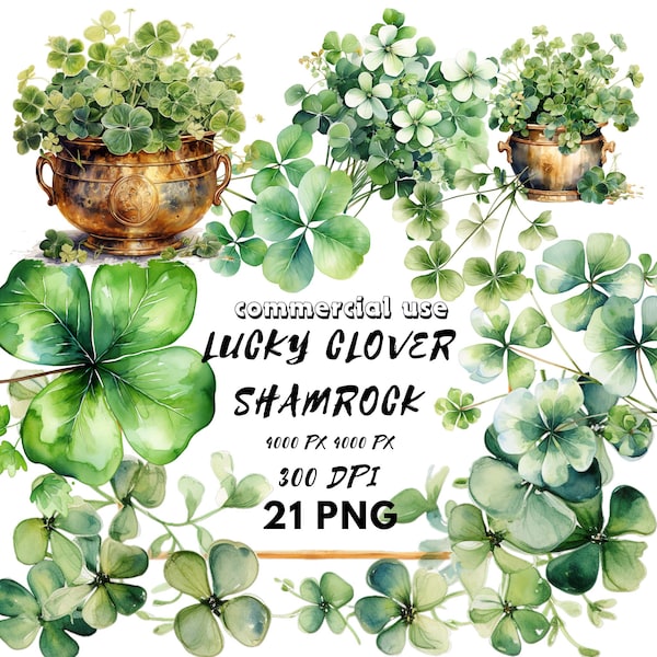 Watercolor  Shamrock four leaf Clover clipart St. Patrick Day floral borders and wreaths Lucky clover Gold pot PNG Irish graphics folklore