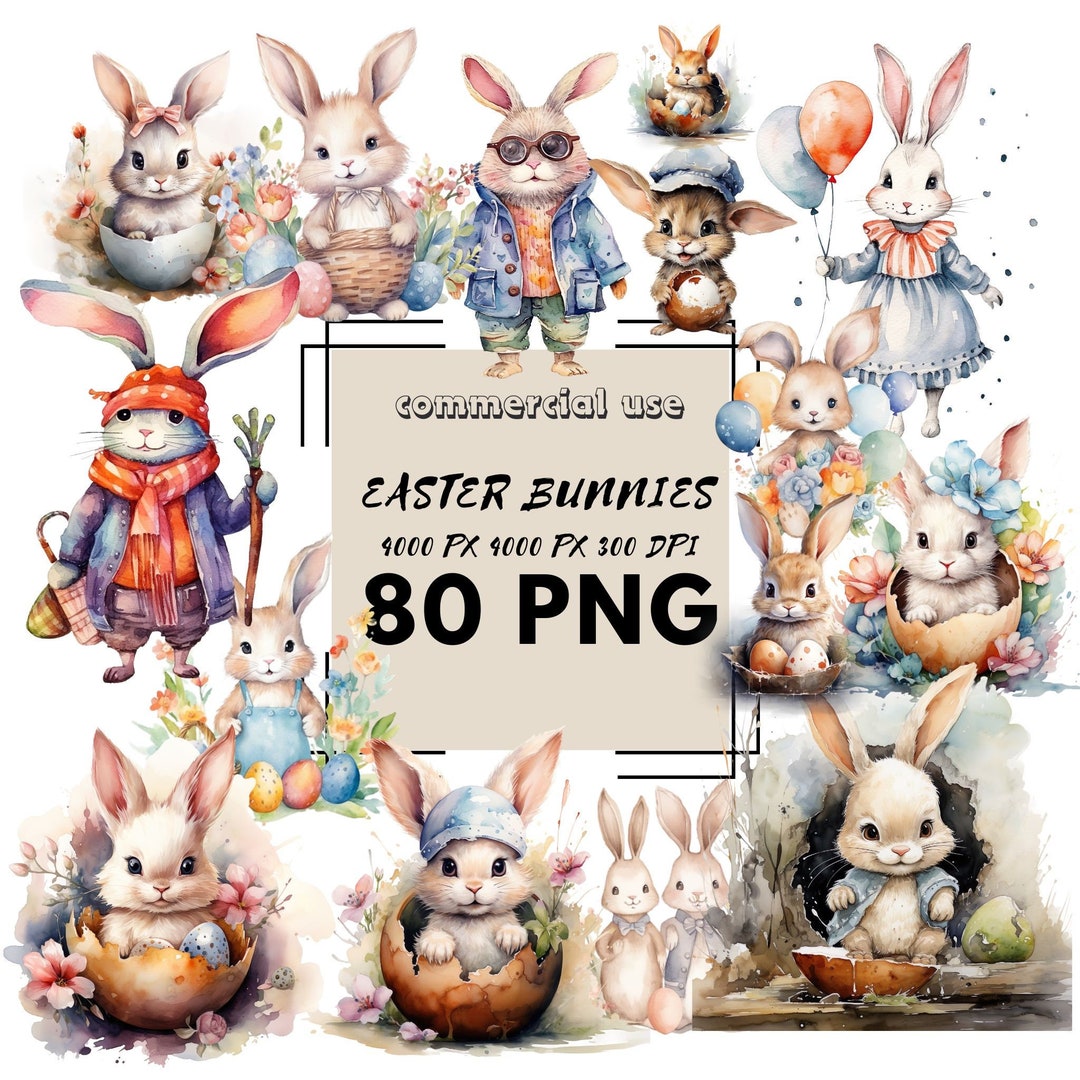 Watercolor Easter Bunny Clipart Bundle, Floral Spring PNG (digital ...