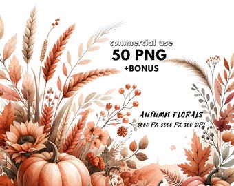 Fall Floral Watercolor Clipart: Pumpkins & Sunflowers (PNG Digital Download)