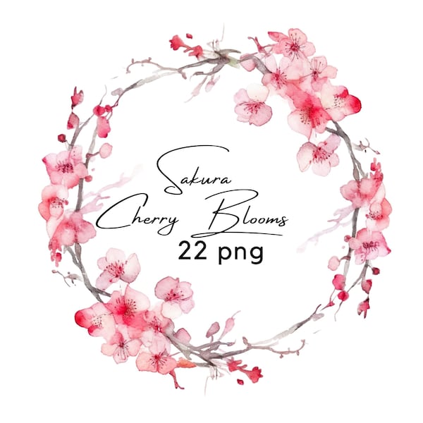 Watercolor Cherryblossom Sakura clipart bundle Cherry flower branch png Wreath Border Spring Floral cherry Pink  blossom for Wedding invite