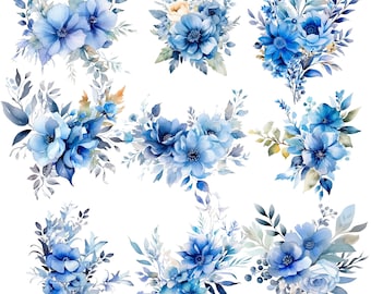 Light Blue floral clipart bundle Watercolor blue Wild Floral wreaths Border  bouquet PNG Greenery Wedding clipart Papercraft, junk journals