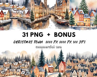 Christmas Houses Clipart - Winter Wonderland Street - Holiday House PNG - Digital Download