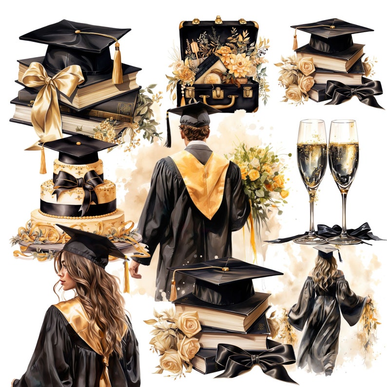 K&ouml;nnte beinhalten: Eine Aquarell-Illustration von Gegenst&auml;nden zum Thema Abschlussfeier, darunter eine schwarze Abschluss-Kappe, eine Torte mit schwarzen und goldenen Verzierungen, eine schwarze Abschlussrobe, ein Strau&szlig; gelber Blumen und zwei Champagnergl&auml;ser.