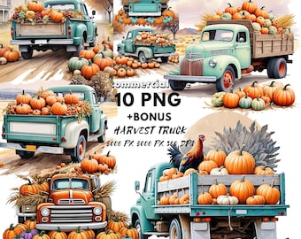 Fall Pumpkin Truck Clipart - Vintage Blue Truck - Autumn Harvest - Digital Download