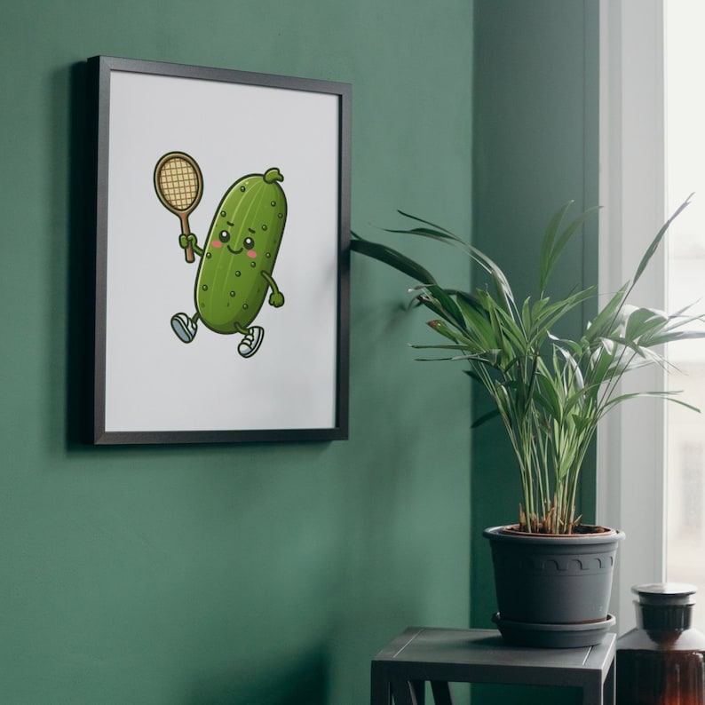 May include: A framed illustration of a cartoon pickle holding a tennis racket. The pickle is green and has a smiling face. The background is a green wall.